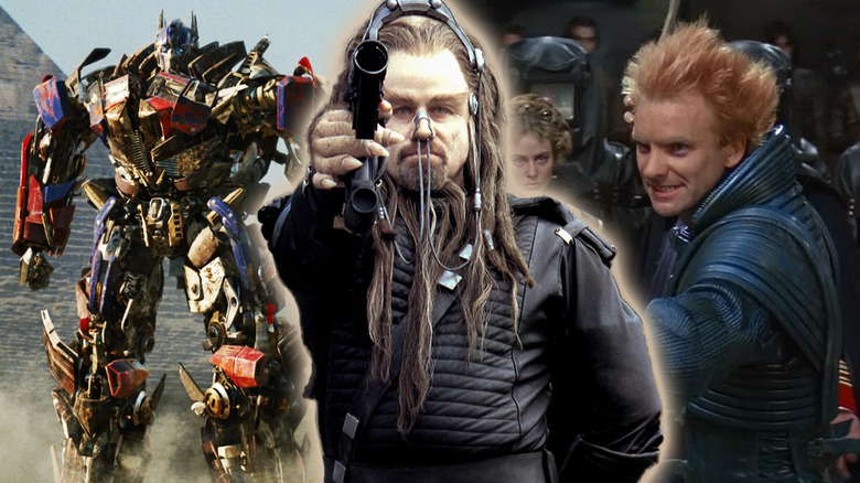 John Travolta in Battlefield Earth surrounded by Optimus Prime in Transformers: Revenge of the Fallen and Sting in Dune (1984)