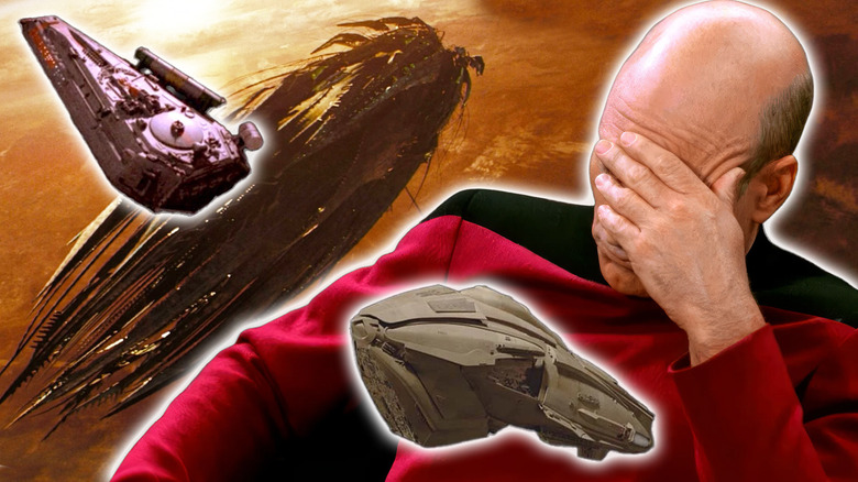 Captain Picard face-palming himself next to badly-designed Star Trek ships