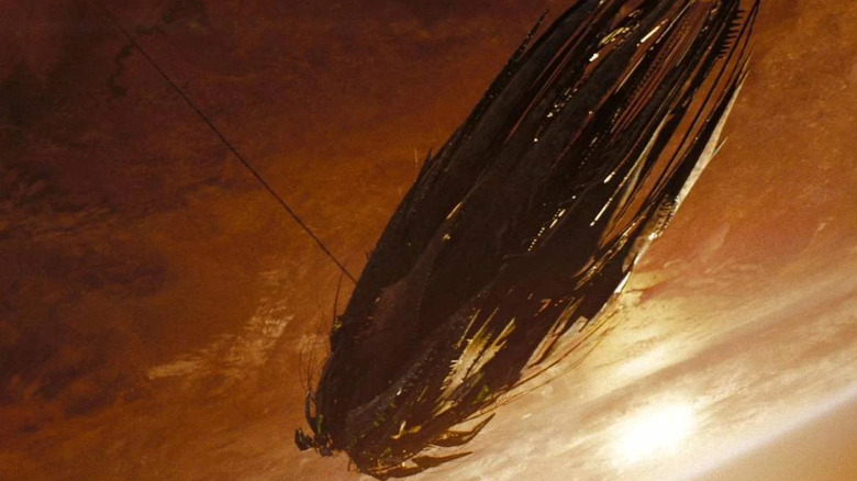 The Narada extends its drill onto Vulcan from orbit in Star Trek