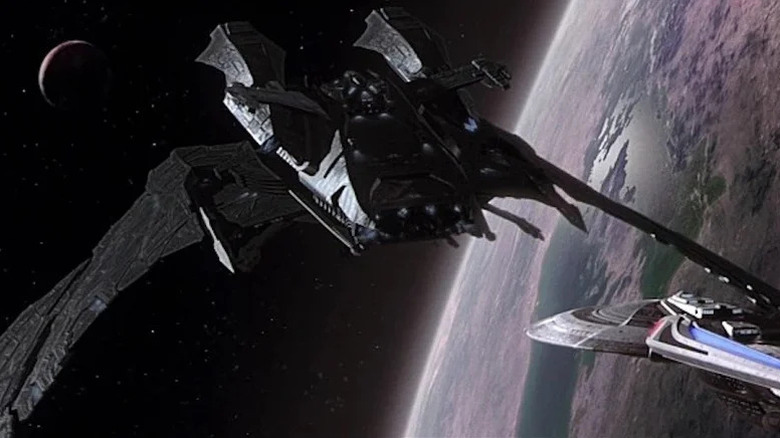 The Scimitar faces the Enterprise-E in orbit over Romulus in Star Trek: Nemesis