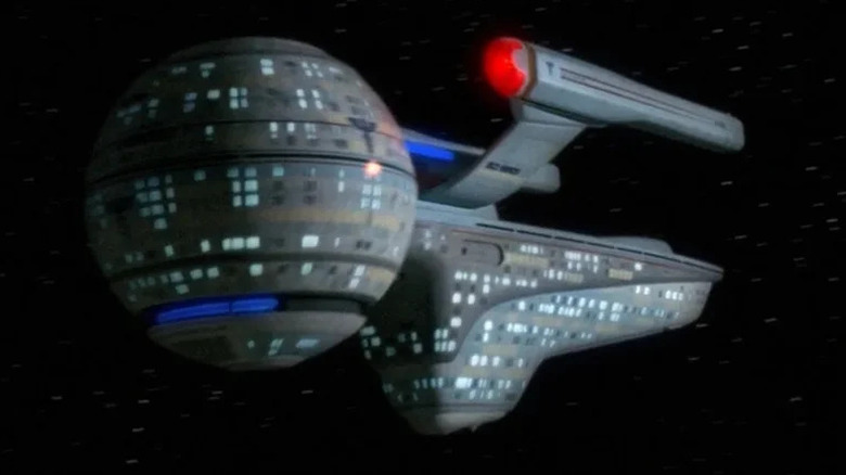 The USS Pasteur cruises through space in Star Trek: The Next Generation