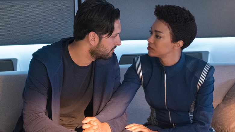 Ash Tyler (Shazad Latif) is consoled by Michael Burnham (Sonequa Martin-Green) in Star Trek: Discovery