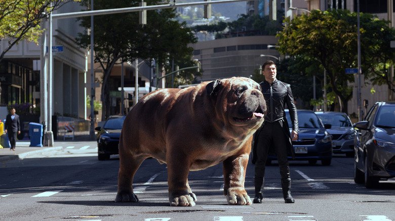 Anson Mount as Black Bolt, standing in the street with Lockjaw in Inhumans