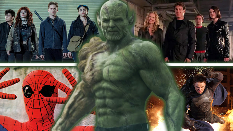 A Super Skrull in Secret Invasion surrounded by images from Gotham Knights, Mutant X, The Amazing Spider-Man from the 1970s, and The Cape