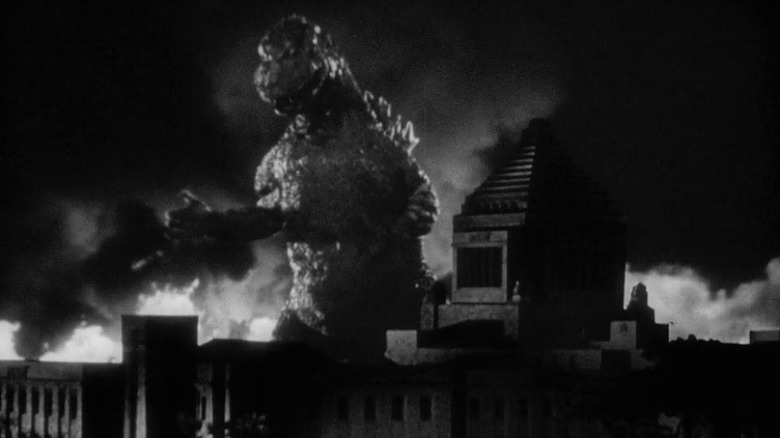 Godzilla destroys the Diet Building in Godzilla (1954)