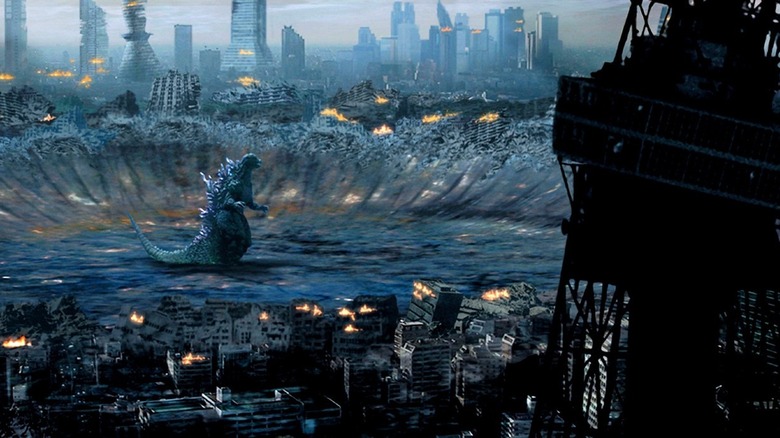 Godzilla surrounded by destruction in Godzilla: Final Wars