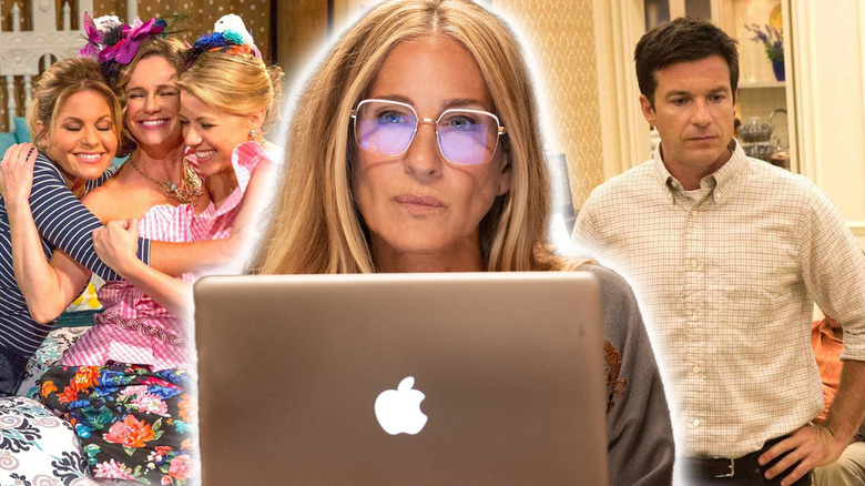 Sarah Jessica Parker in And Just Like That surrounded by shots from Fuller House and Arrested Development season 4 in a composite image