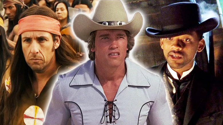 Arnold Schwarzenegger in The Villain, surrounded by Adam Sandler in The Ridiculous 6 and Will Smith in Wild Wild West in a composite image.