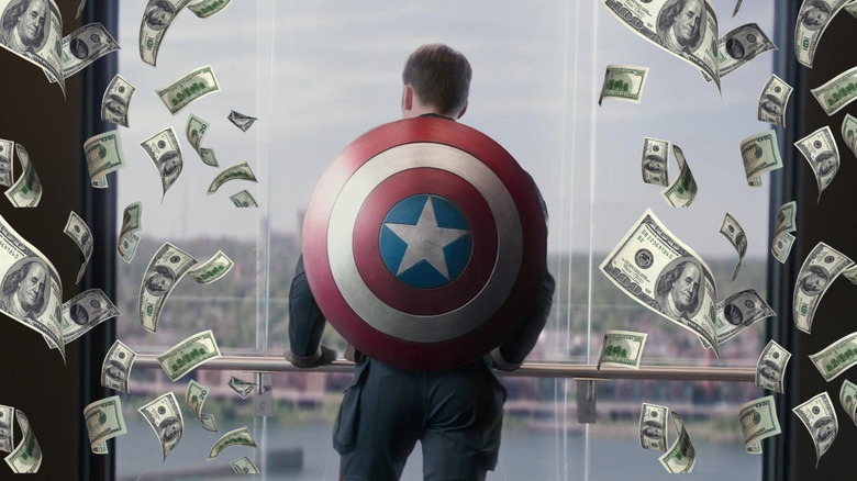 Money falls around Steve Rogers in Captain America: The Winter Soldier