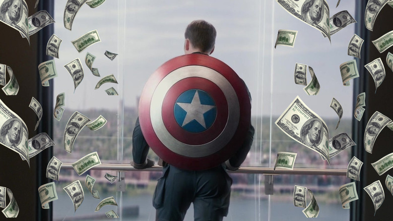 Money falls around Steve Rogers in Captain America: The Winter Soldier