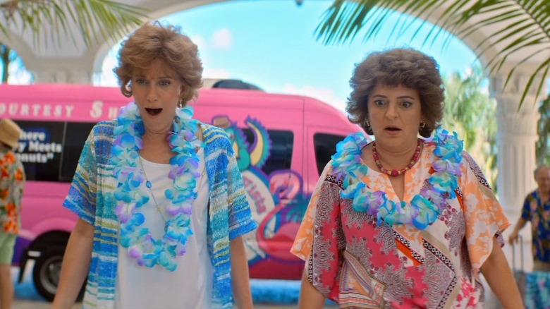 Kristin Wiig as Star and Annie Mumolo as Barb wearing tropical shirts and leis in front of pink bus in Barb and Star Go to Vista Del Mar