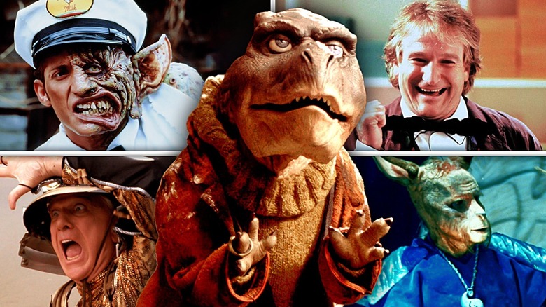 Composite image of Alex Winter with half mutated face in Freaked, the Theodore Rex wearing sweater in Theodore Rex, Robin Williams smiling in Toys, Leslie Nielsen in Surf Ninjas, and a kangaroo man in Warriors of Virtue