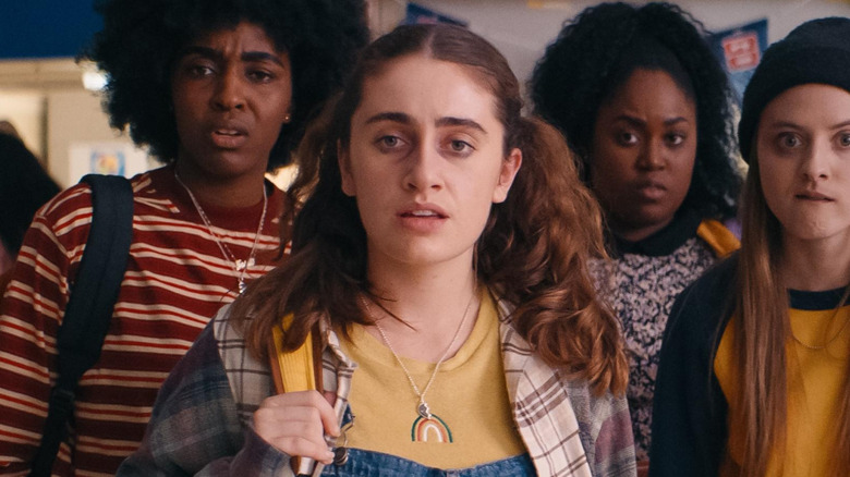 PJ (Rachel Sennott) surrounded by classmates Josie (Ayo Edebiri), Annie (Zamani Wilder), and Sylvie (Summer Joy Campbell) in Bottoms (2023)