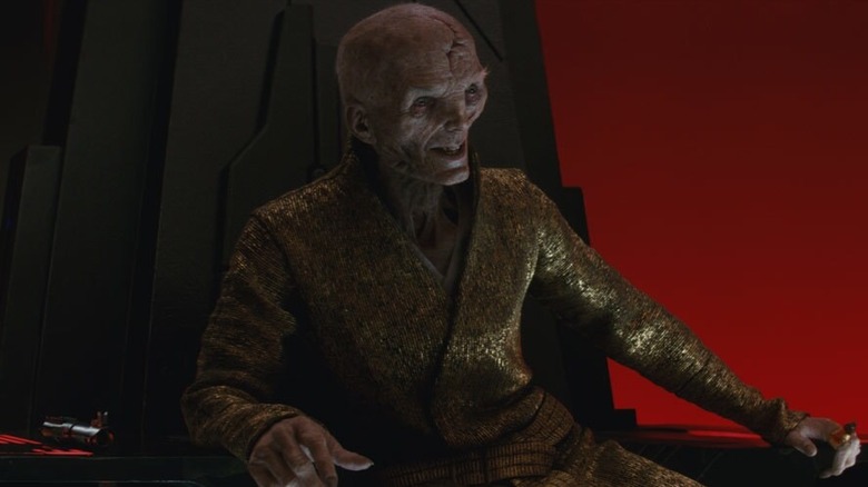 Andy Serkis as Supreme Leader Snoke, taunting Kylo Ren and Rey in Star Wars Episode VIII: The Last Jedi
