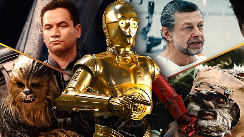 Composite of Chewbacca (Joonas Suotamo), Jango Fett (Temuera Morrison) in Attack of the Clones, C3PO (Anthony Daniels), Kino Loy (Andy Serkis) on Andor, and Wicket (Warwick Davis)