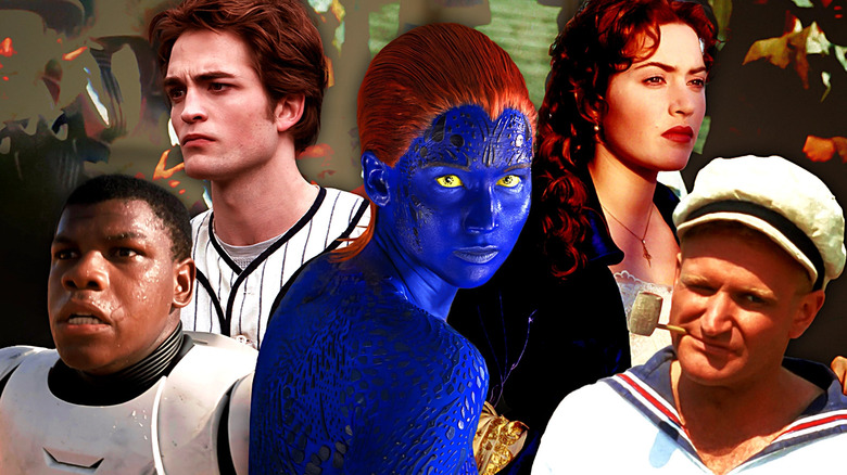Johh Boyega in Star Wars: The Force Awakens, Robert Pattinson in Twilight, Jennifer Lawrence in X-Men: Days of Future Past, Kate Winslet in Titanic, and Robin Williams in Popeye in a composite image