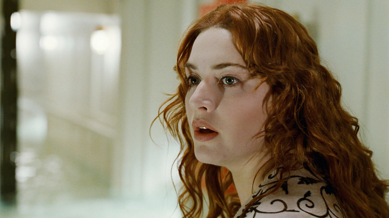 Kate Winslet as Rose looking worried in Titanic