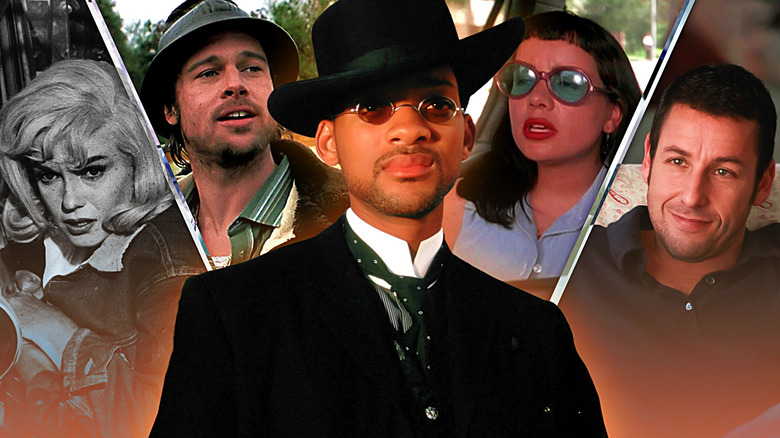 A collage of Jim West (Will Smith) in Wild Wild West standing in front of Roslyn Tabor (Marilyn Monroe) in The Misfits, Mickey (Brad Pitt) in Snatch, Vickie Miner (Janeane Garofalo) in Reality Bites, and George Simmons (Adam Sandler) in Funny People (2009)