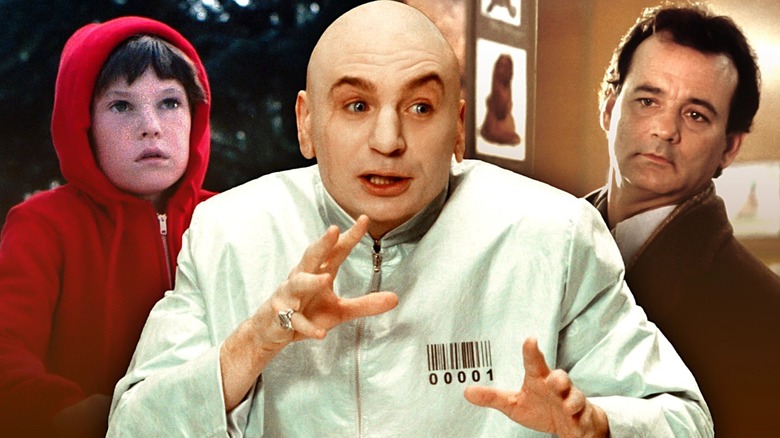 A composite image featuring Henry Thomas as Elliott from ET, Mike Myers as Dr. Evil from the Austin Powers films, and Bill Murray as Phil Connors from Groundhog Day