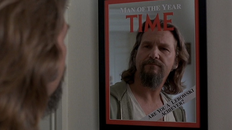 Jeff Bridges as The Dude from The Big Lebowski sees his reflection in a mirror proclaiming him Time's Man of the Year