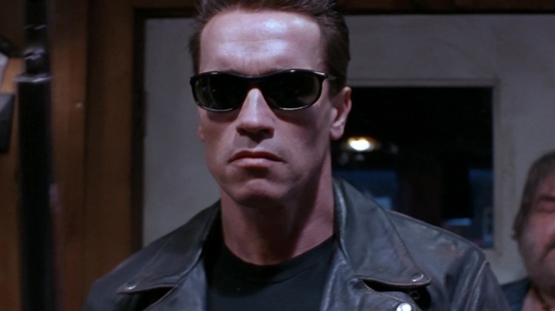 Arnold Schwarzenegger's T-800 wearing sunglasses in Terminator 2: Judgment Day