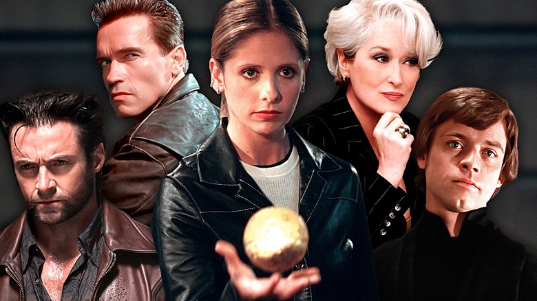 Hugh Jackman as Logan in Days of Future Past, Arnold Schwarzenegger as the Terminator in Terminator 2: Judgment Day, Sarah Michelle Gellar as Buffy in Buffy the Vampire Slayer, Meryl Streep as Miranda Priestly in The Devil Wears Prada, and Mark Hamill as Luke Skywalker in Return of the Jedi