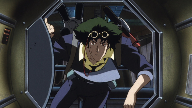 Spike Spiegel stares down a narrow corridor in Cowboy Bebop (1998)