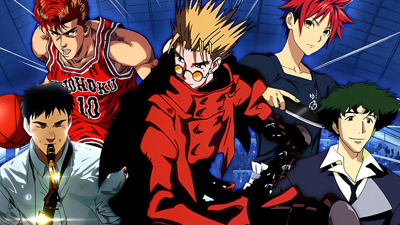 A collage of Vash the Stampede in Trigun surrounded by Dai Miyamoto in Blue Giant, Hanamichi Sakuragi in Slam Dunk, Soma Yukihira in Food Wars!: Shokugeki no Soma, and Spike Spiegel in Cowboy Bebop (1998)