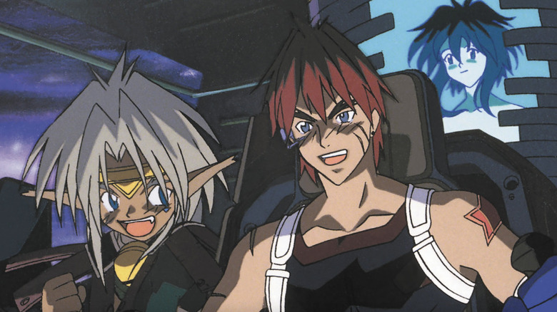 Gene Starwind and Jim Hawking smile triumphantly in a spaceship cockpit while Melfina smiles in a stasis tube behind them in Outlaw Star