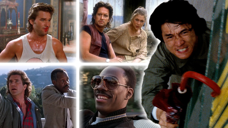 Kurt Russell in Big Trouble in Little China, Michael Douglas and Kathleen Turner in Romancing the Stone, Jackie Chan in Police Story, Eddie Murphy in Beverly Hills Cop, Mel Gibson and Danny Glover in Lethal Weapon 2
