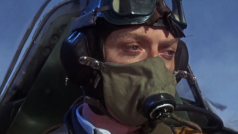 Canfield (Michael Caine) sits in the cockpit of a fighter plane in Battle of Britain