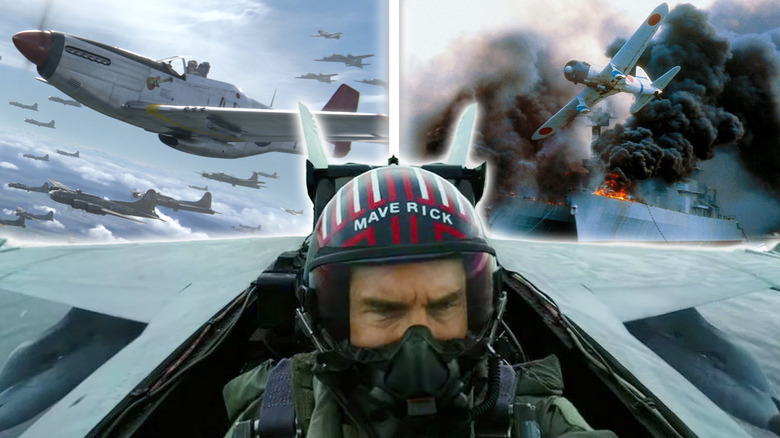 A collage of Pete Mitchell flying a fighter in Top Gun: Maverick, plus the Tuskegee Airmen flying P-51 Mustangs in Red Tails on the back left and a Japanese Zero flying away from a burning battleship in Tora! Tora! Tora! on the back right