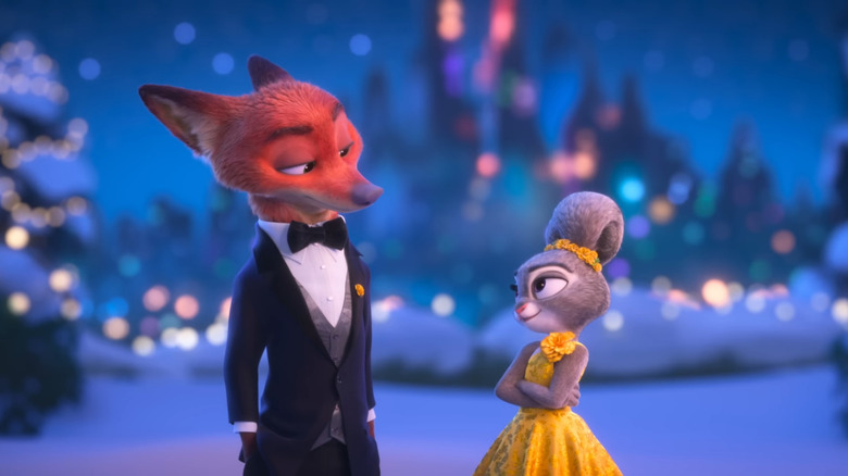 Nick Wilde and Judy Hopps attending a snowy ball in Zootopia 2