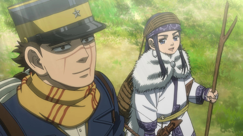 Saichi Sugimoto looks upward as Asirpa walks beside him with a walking stick in Golden Kamuy