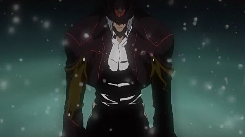 Beyond the Grave grimaces while standing in a dimly lit room in Gungrave