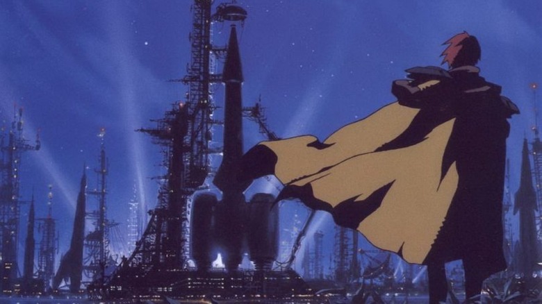 Gene Starwind observes the Outlaw Star on a launchpad in Outlaw Star