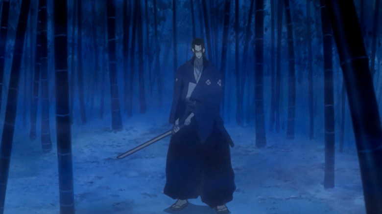 Jin stands with his sword drawn in a bamboo forest in Samurai Champloo