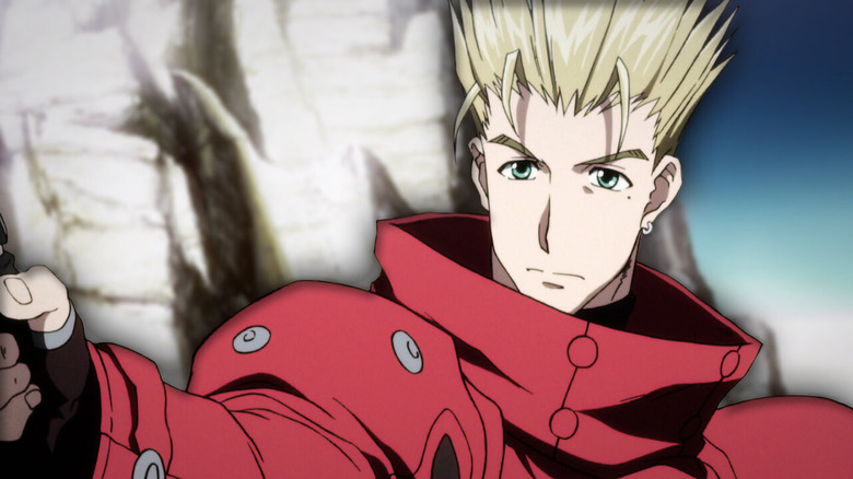 Vash the Stampede aims a pistol in Trigun