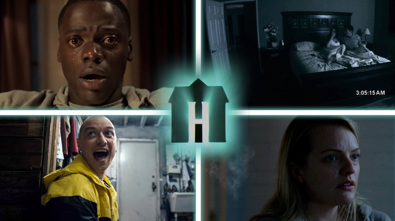 A composite image of stills from Get Out, Paranormal Activity, Split, and The Invisible Man, with the Blumhouse logo featured at the center