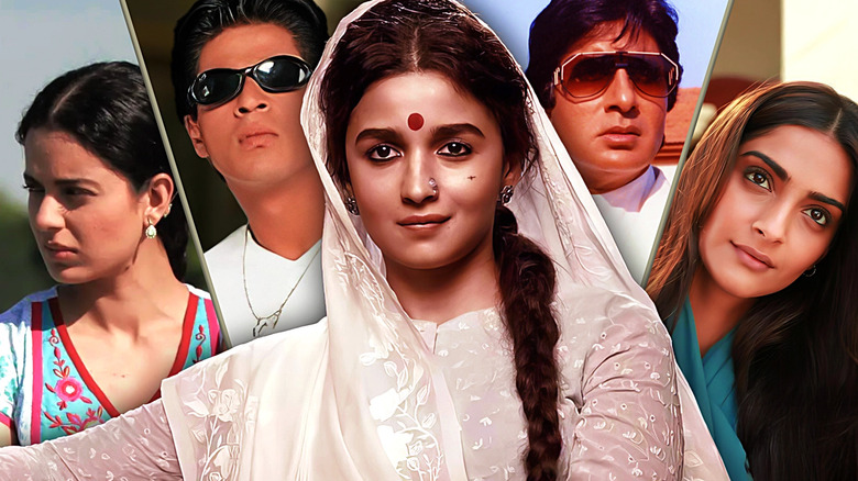Composite image of Kangana Ranaut as Rani in Queen, Shah Rukh Khan with sunglasses as Rahul in Kuch Kuch Hota Hai, Alia Bhatt as Gangubai in Gangubai Kathiawadi, Amitabh Bachchan with sunglasses as Vijay in Agneepath, Sonam Kapoor as Sweety in Ek Ladki Ko Dekha Toh Aisa Laga