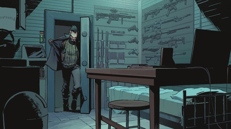 Alfred Pennyworth walks into his lair, surrounded by guns