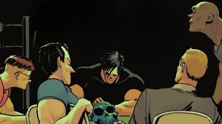 Bruce Wayne sits at a poker table with Edward Nygma, Oswald Cobblepot, Harvey Dent, and Waylon Jones