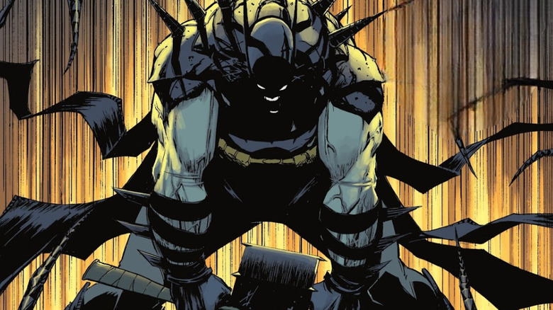 Batman shows off his armored suit and battle axe