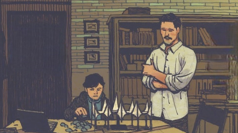 A young Bruce Wayne shows a model bridge to Thomas Wayne