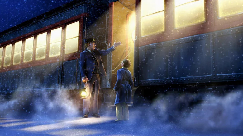 James the Conductor (Tom Hanks) welcomes Christopher (Daryl Sabara) onto the Polar Express in the snow in The Polar Express