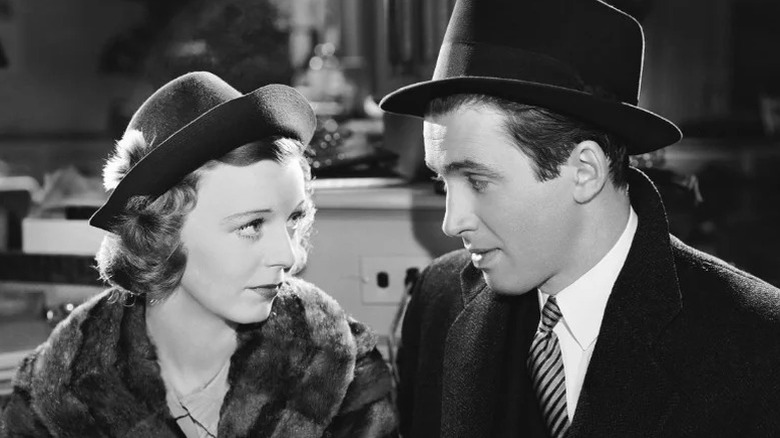 Klara Novak (Margaret Sullavan) and Alfred Kralik (James Stewart) look deeply in each other's eyes in The Shop Around the Corner