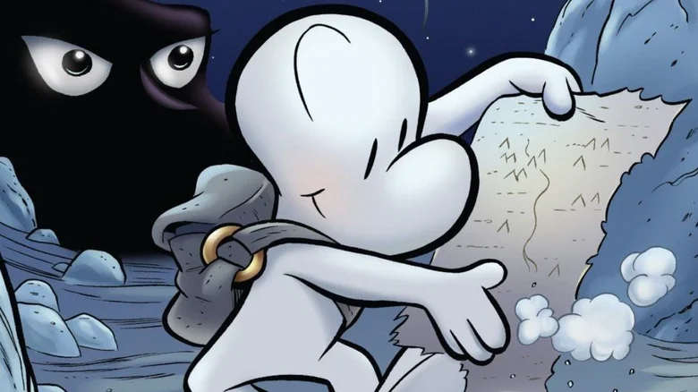 Fone Bone looking at a map in Bone