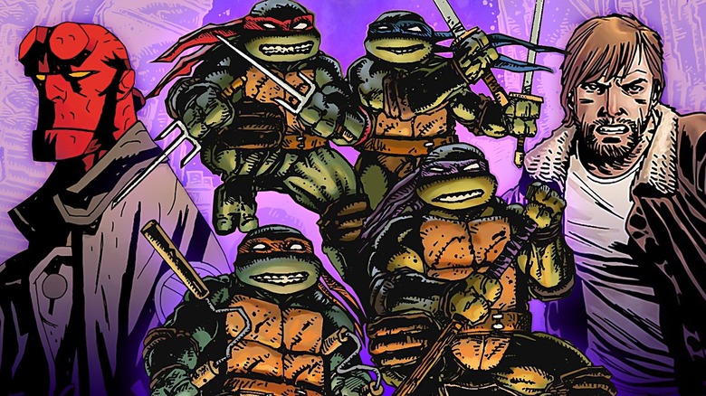 Composite image of Hellboy, Michelangelo, Leonardo, and Donatello from the Teenage Mutant Ninja Turtles, and Rick Grimes from The Walking Dead