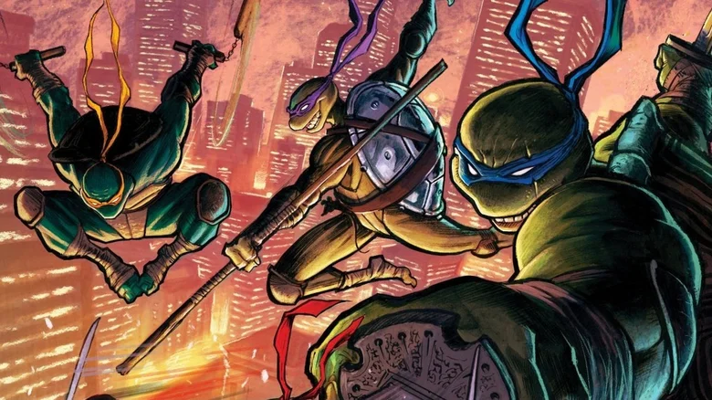 Michelangelo, Donatello, and Leonardo leaping into battle in Teenage Mutant Ninja Turtles