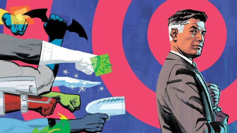 Chance Crawford with his back to the arms of several iconic DC characters